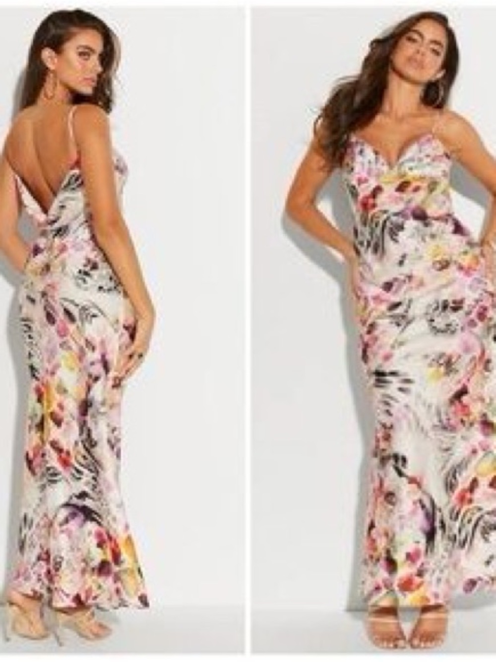 Marciano White Floral Slip Maxi Dress with Pink and Yellow Accents